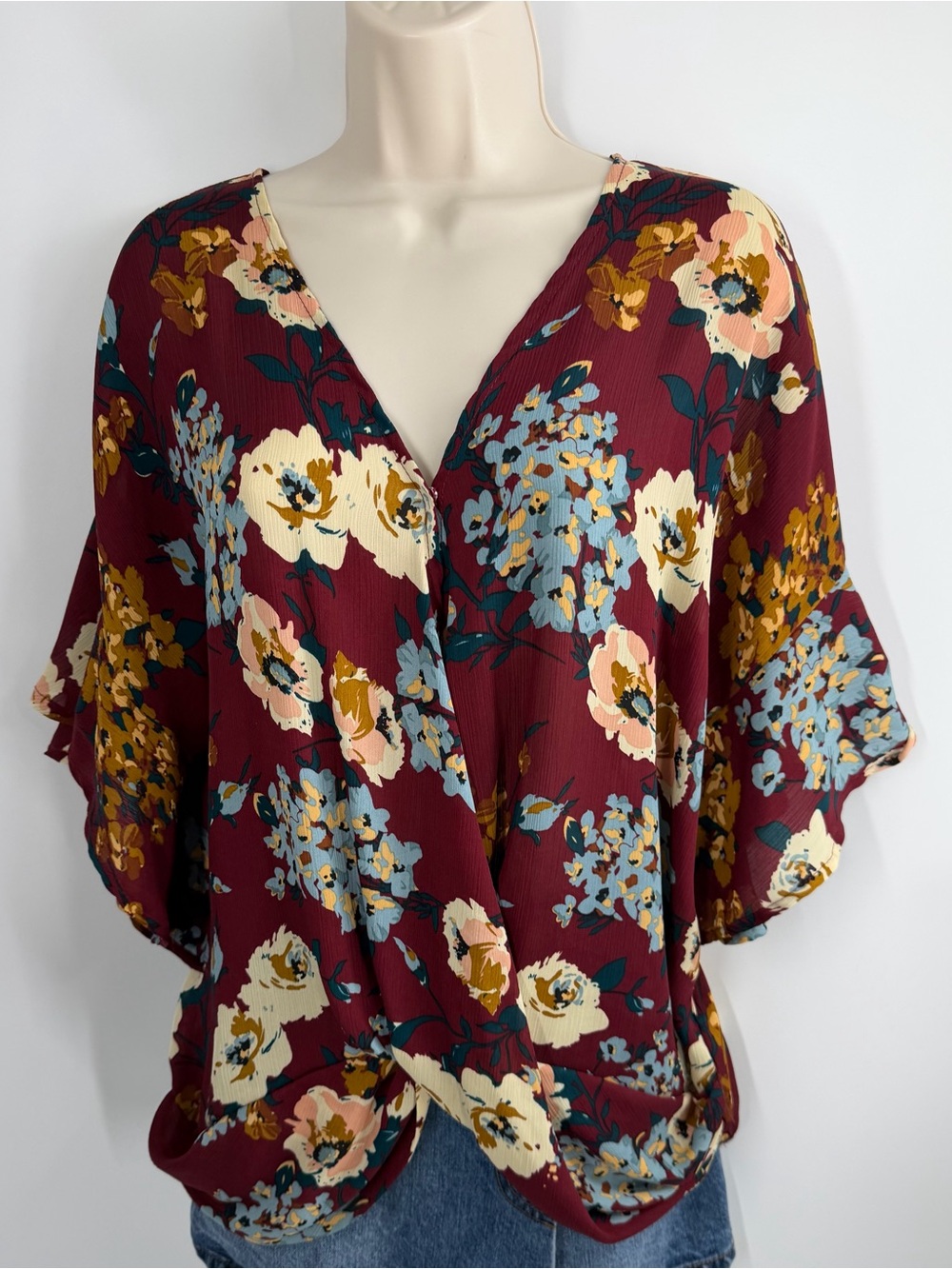 Umgee Burgundy Floral V-Neck Blouse - Picture 8 of 10